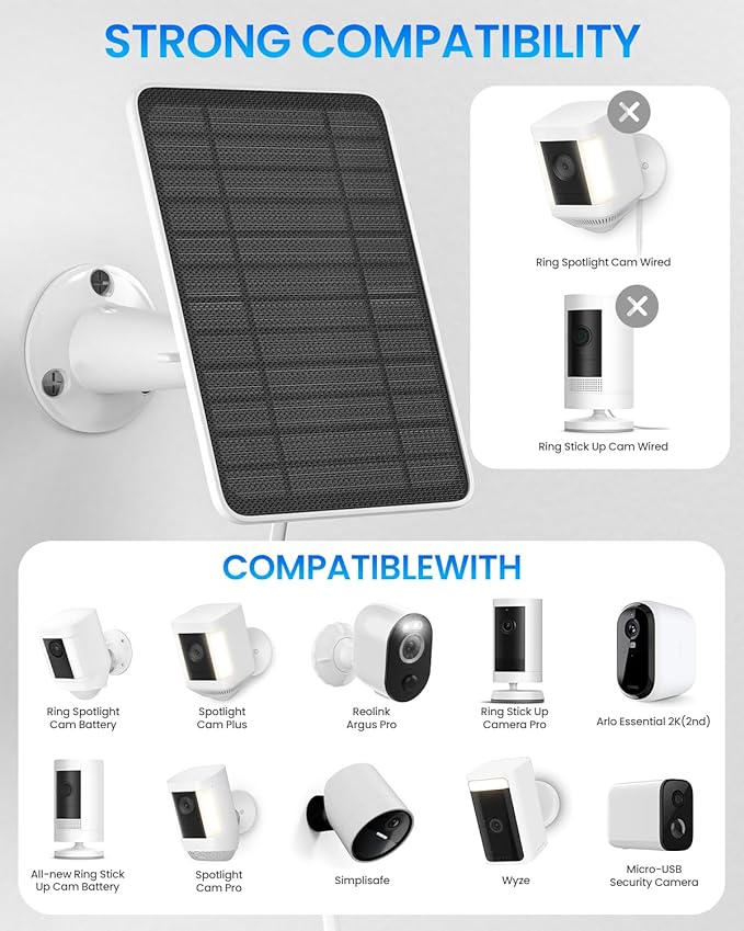 5W Solar Panel for Ring Camera, Solar Panel Charger Compatible with Ring Spotlight Plus/Pro Stick Up Outdoor Cam Battery, 9.8ft Cable with USB-C to Barrel Plug Adapter & Micro-USB Adapter, 4 Pack
