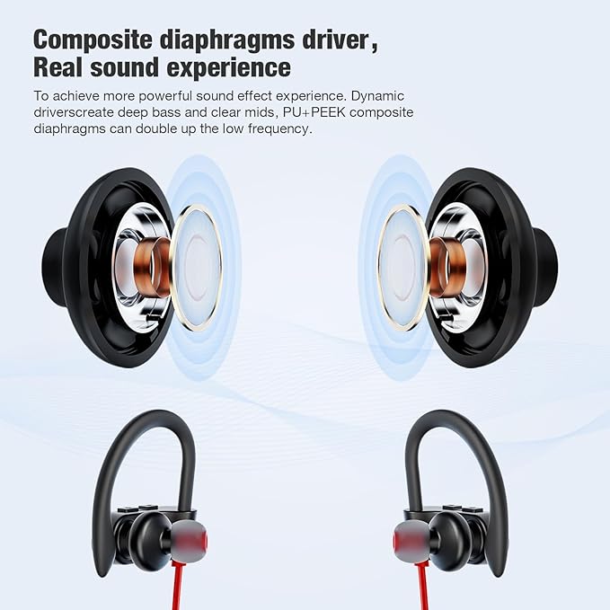 JOYWISE Bluetooth Headphones Wireless Earbuds 16H Playtime Wireless Headphones IPX7 Waterproof Bluetooth 5.3 Running Ear Buds with Mic Stereo in Ear Earphones Sound Isolation for Workout, Sports Red