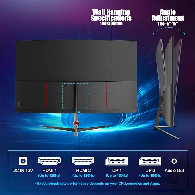 27 Inch Gaming Curved Monitor, 180Hz QHD 2560x1440p PC Monitor with AMD FreeSync, Flicker-Free, HDMI 2.0, DP 1.4, Ultra-Thin Frameless 2K Computer Screen