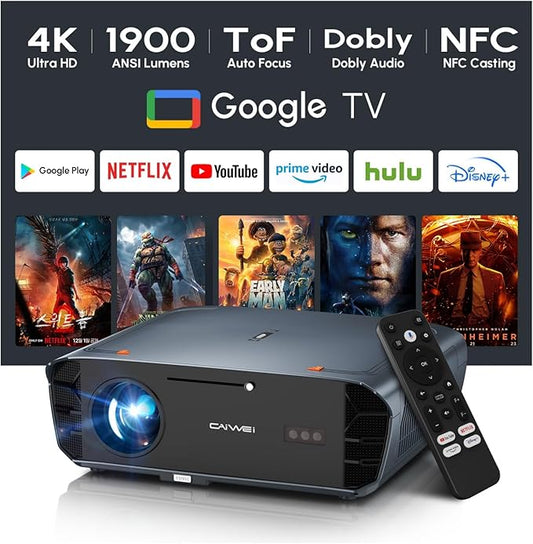 Ultra HD 4K Projector with Google TV & Netflix Licensed, 1900 ANSI Daytime Home Theater Projector, AI Autofocus, Dolby Audio, Short Throw, HDMI ARC, WiFi6 Bluetooth, NFC Screencast for Outdoor Party