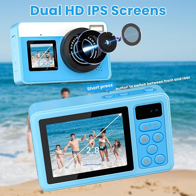 4K Digital Camera Waterproof, Point and Shoot Cameras for Photography, 10FT Underwater Camera with Dual Screens,18X Digital Zoom, 32GB TF Card, Selfie Cameras for Teens Beginners Girls Boys Kids(Blue)