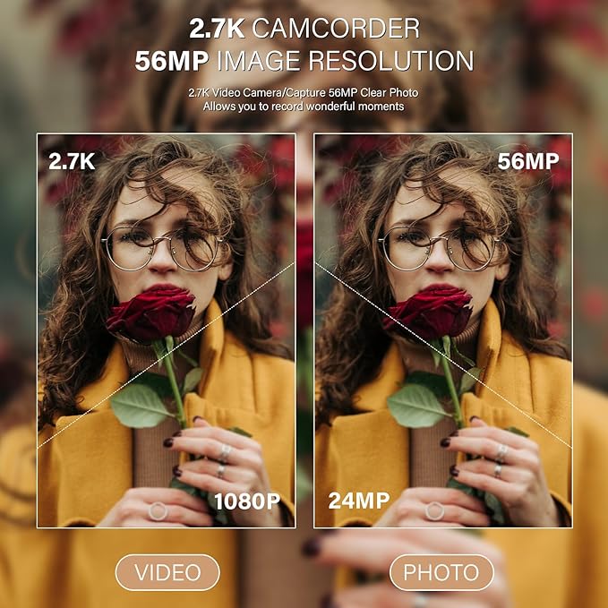 Camcorder Video Camera QHD 2.7K 56MP 16X Digital Zoom Vlogging Camera with LED Fill Light for YouTube, 2.8 Inch 270 Degree Rotation LCD Screen Camcorder with 32GB SD Card and Two Batteries