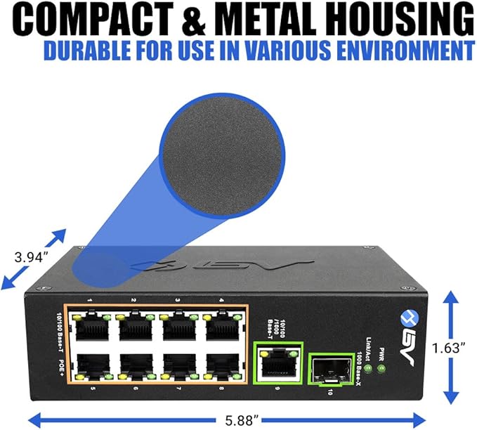 BV-Tech 8 Port PoE Switch with 1 Gigabit Uplink and Industrial DIN Rail - Power Over Ethernet Network Switch for IP Cameras, VoIP Phones, Wireless APs - IEEE802.3af/at, Wide Temperature Range