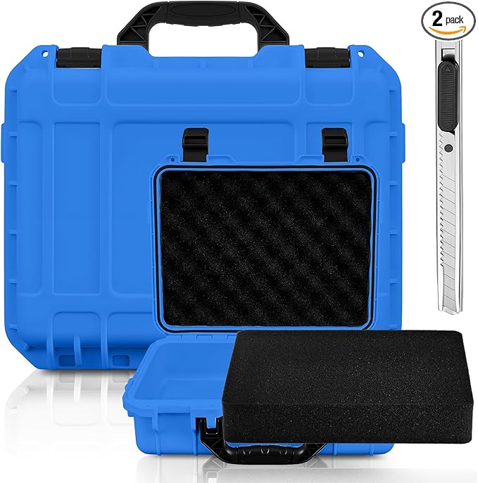 14.3 x 11.4 x 4.5 Inch Waterproof Hard Case with DIY Customizable Foam Insert Portable Protective Case with Knife for Camera Drones Equipments Tools Test Instruments (Blue)