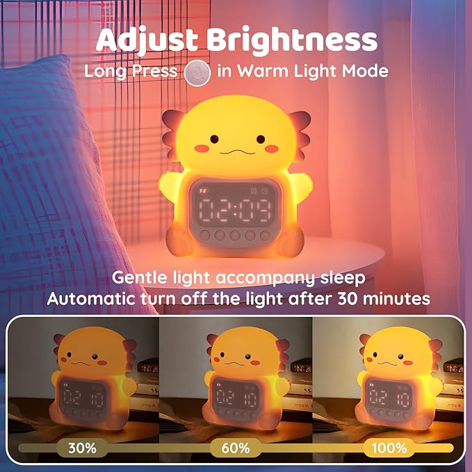Axolotl Alarm Clock with Night Light for Kids, Rechargeable Silicone Lamp Time to Wake Clock，Cute Animal Tabletop Lamp, Perfect Sleep Companion for Boys Girls