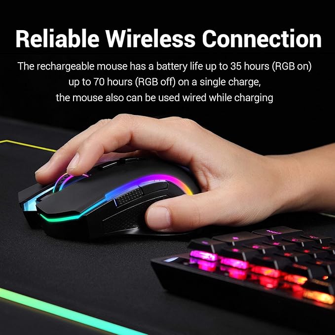 Redragon M602 Griffin RGB Gaming Mouse, RGB Spectrum Backlit Ergonomic Mouse with 7 Programmable Backlight Modes up to 7200 DPI for Windows PC Gamers (Black, Wireless)