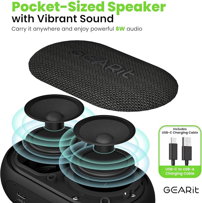 GEARit Ultra Portable Wireless Bluetooth Speaker - IPX7 Waterproof Speaker - 6W Loud Outdoor Speakers - Hands-Free Calling, 5.3 Bluetooth, TWS Pairing - Perfect for Home/Outdoor/Party/Gift