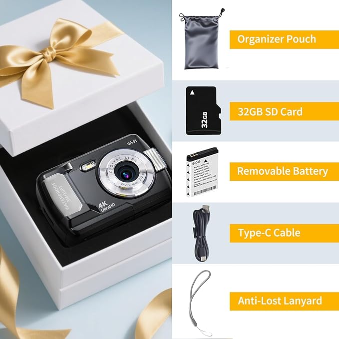 Digital Camera - 4K 48MP 10FT UHD Underwater Camera Snorkeling with 32GB Card, Waterproof Camera for Snorkeling Floatable, Point Shoot Digital Camera Gift for Boys Girls Kids