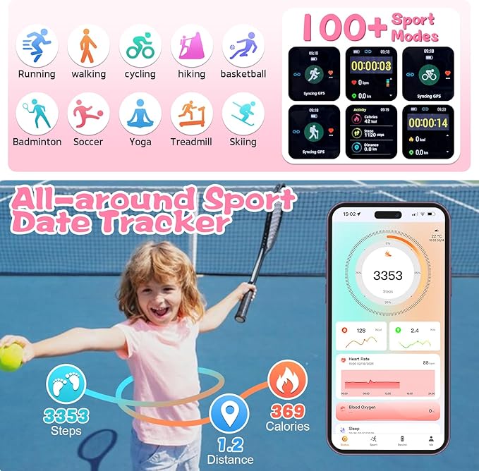 Smart Watch for Kids Fitness Activity Tracker for Boys Girls, Waterproof, Puzzle Games, Alarm Music, Sport Mode, Heart Rate, Sleep, Pedometer, Children Smartwatch Birthday Gift for Teens, Pink