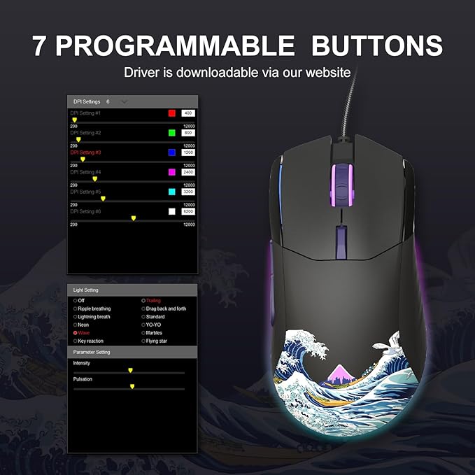 Womier G705 USB Wired Gaming Mouse for PC Computer Windows Mac Laptop, Lightweight Silent RGB Backlit Mouse with Adjustable 12000DPI/7 Programmable Side Buttons,Black Kanagawa Theme