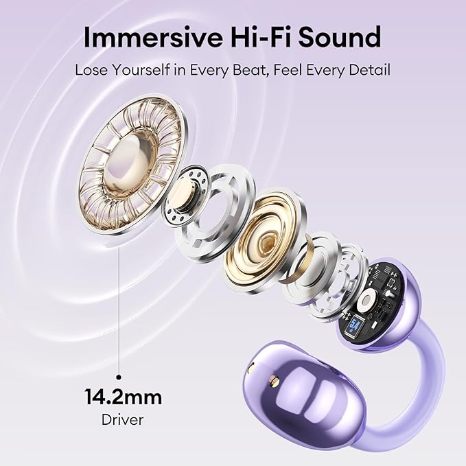 Clip On Earbuds, Open Ear Earbuds Wireless Bluetooth 5.4, Clip On Headphones with LCD Touchscreen, Lightweight Comfort Open Ear Headphones for Sports, Fitness, and Workouts, M100 Purple