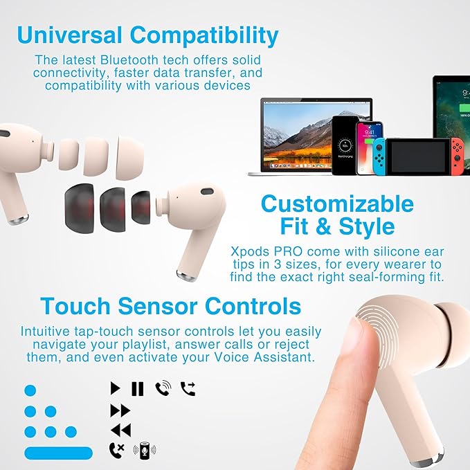 Naztech Xpods PRO Ear Buds - (Sandstone) True Wireless Earbuds Noise Cancelling Earbuds Wireless Bluetooth Earphone for Gym Sound Cancelling in Ear Headphones Fitness Earphones Includes Charging Case