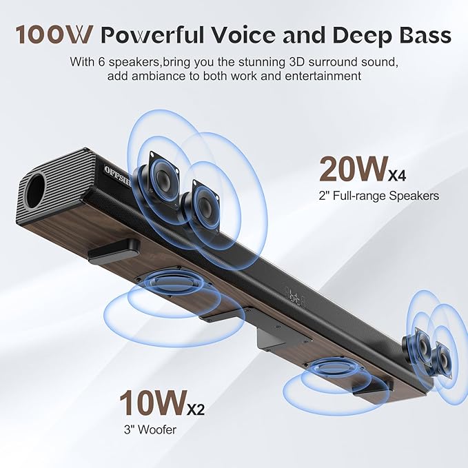 Soundbar, 100Watts-32 Inches Sound Bar for Smart TV, with 6 Built-in Speakers (2 Surround Bass),3EQ Modes, Bluetooth Sound Bar with HDMI(ARC), Optical, AUX, COA and USB Inputs (Wood Color)