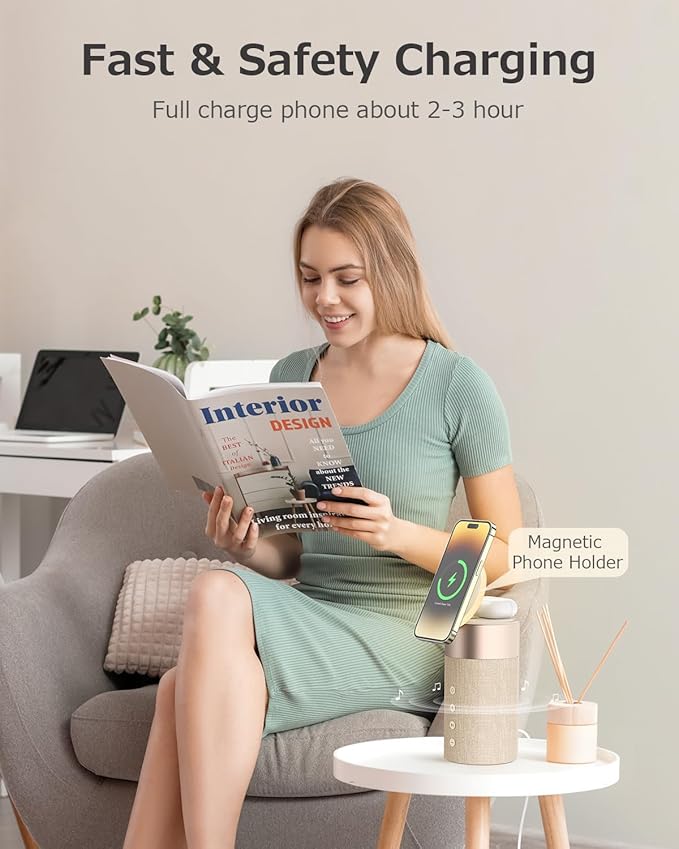 COLSUR Bluetooth Speaker, Magnetic Wireless Charger, Bluetooth Speakers with Night Light, 2 in 1 Wireless Charging Station for iPhone 16/15/14/13/12 Series, AirPods Pro/3/2（Gift Ideal）