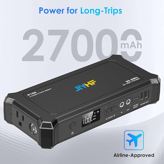 JIYHF Portable Power Bank with AC Outlet - 99.9Wh Backup Battery, 100W AC & 65W USB-C PD Fast Charging Ideal for Outdoor Work, Compatible with iPhone16/15 Series, iPad, MacBook, Laptop