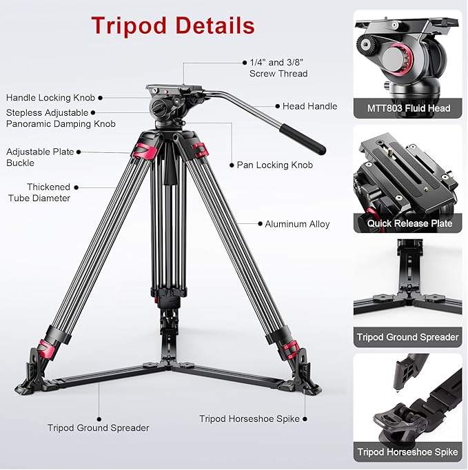 miliboo MTT609A Professional Photography Tripod, Heavy Duty Tripod with Adjustable Damping Head, Video Tripods for Professionals/Practitioners, Working Height 33.5''-66'',Max Load 33 LBS, Aluminum