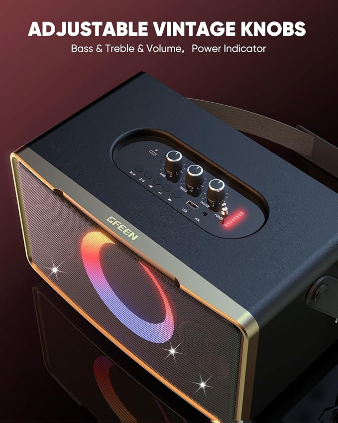 GFEEN Portable Bluetooth Speaker: 200W Peak, Deep Bass, 15H Playtime, Large Party Wireless Speakers, Powerful Loud Sound, Light Show, Fast Charging for Outdoor, Backyard, Home(Gold with 2Mic)