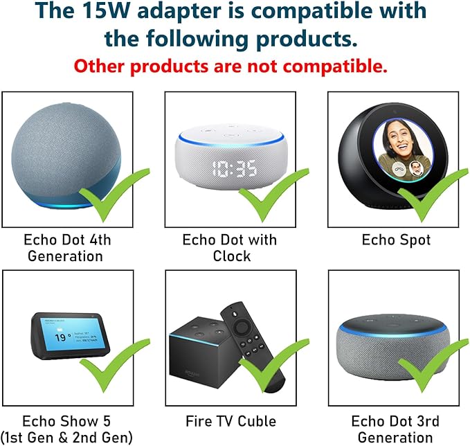 15W Power Adapter for Echo, Dot 3rd & 4th Gen, Kids Edition, Show 5, Spot, and Fire TV Cube, 5Ft AC Adapter Power Cord