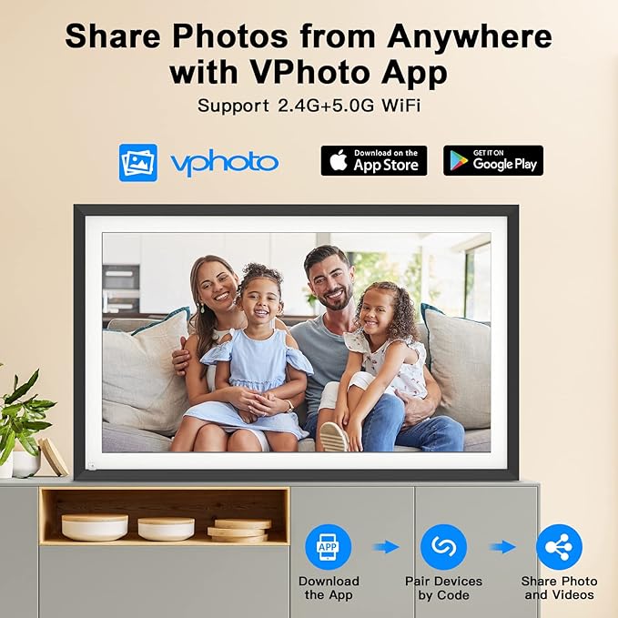 Large Digital Picture Frame 15.6” Smart photo frame - 2.4&5G Wi-Fi picture frame 1920*1080 IPS Touch Screen, 32GB, Wall Mountable, Remote Control, Share Photo Video Via App, Email, Free Cloud Storage