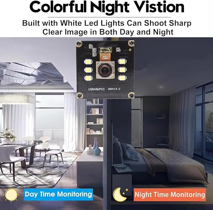 48MP USB Camera 8K Camera Fast Autofocus USB Webcam Module with No Distortion Lens with 6pcs White LEDs PC Computer Cam Plug and Play for Industrial Inspection Document Scanning