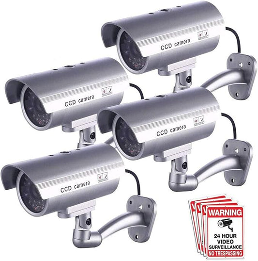 FITNATE Dummy Security Camera, 4 Packs Fake Surveillance Security CCTV Camera System with LED Red Flashing Light for Both Indoor & Outdoor Use + Security Camera Warning Stickers × 4 (Silver)