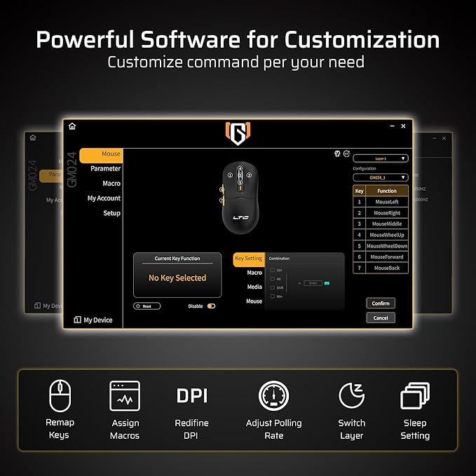 LTC GM024 Tri-Mode Wireless Gaming Mouse, 59g Ultra-Light Ergonomic Gaming Mouse 2.4Ghz/BT/Wired, 6-Level DPI 4800 Max, 1000Hz, 5 Programmable Buttons, Pro Software