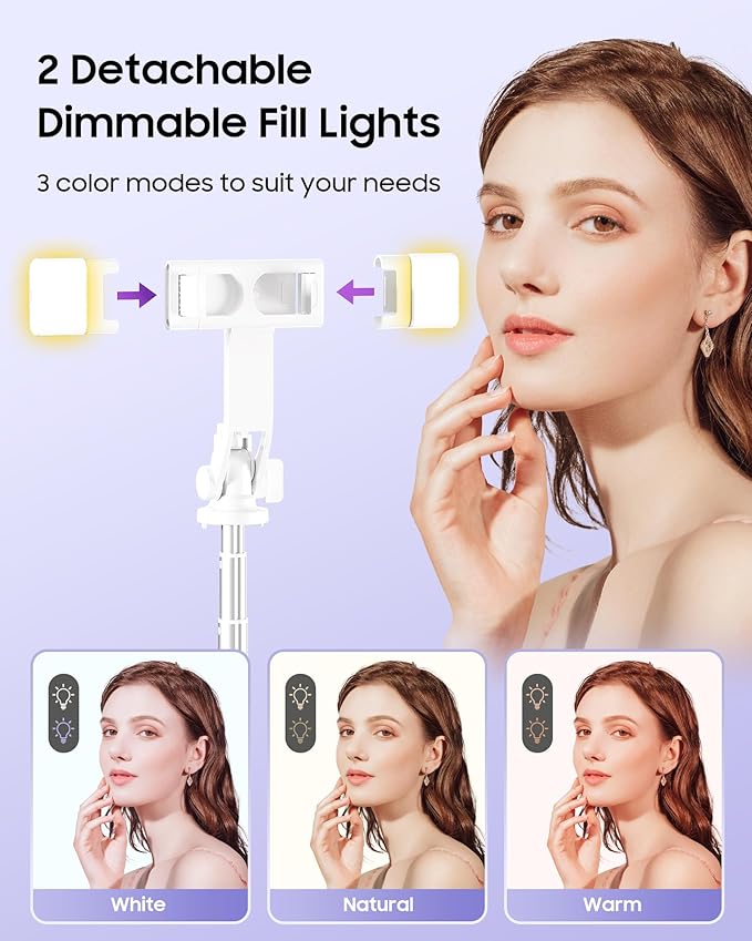 53'' Selfie Stick Tripod with Light, Enhanced 4-Leg Cell Phone Stand Camera Tripod with Rechargeable Wireless Remote & 2 Fill Light, Portable Selfie Stick Travel Essentials for iPhone Android