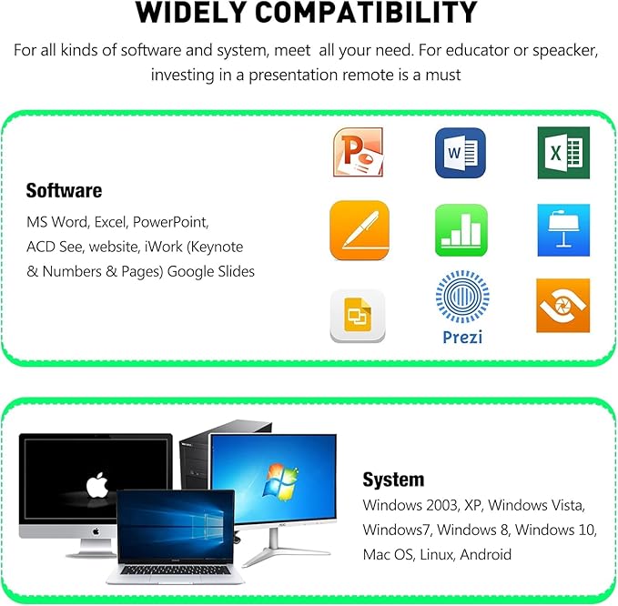 Presentation Clicker Green Laser Pointer, Rechargeable PowerPoint Clicker Wireless Presenter Remote, RF 2.4GHz USB Presentation Pointer Slide Advancer with Hyperlink Volume Control for Mac Computer