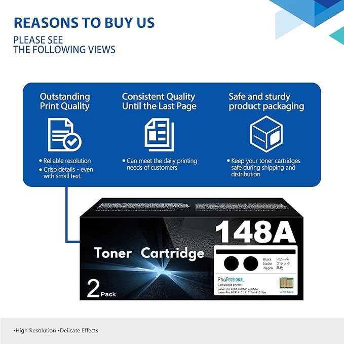 148A W1480A Toner- (with Chip) Compatible 2 Pack 148A Toner Cartridge Replacement for HP 148A Laser Pro 4001 4001dn 4001dw, MFP 4101 4101fdn 4101fdw Printer