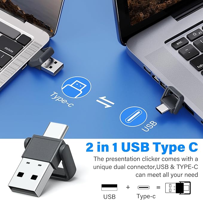 2-in-1 USB Type C Presentation Clicker, Rechargeable Wireless Presenter Remote, Clicker for PowerPoint Presentations, Pointer for Presentations Slide Advancer with Volume Control for Mac,Computer, PPT