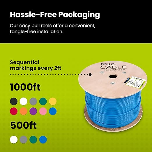 TRUE CABLE Cat6 Shielded Riser (CMR) Bulk Ethernet Cable, 1000ft, Blue, 23AWG Solid Bare Copper, 550MHz, Overall Aluminum Foil Shield (F/UTP), PoE++ 100W, ETL Listed