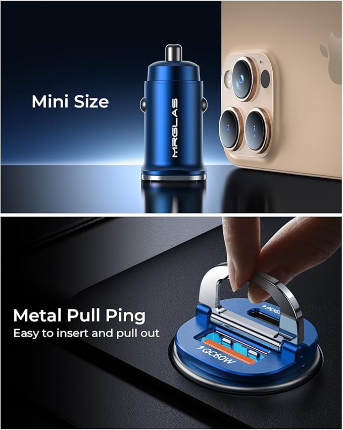 【Upgraded】 125W USB C Car Charger Super Fast Charging for iPhone 16, [PD65W & QC60W][All Metal] MRGLAS Cigarette Lighter Car Charger,Dual Port for iPhone 16 15 Pro iPad Samsung S25 S24 MacBook-Blue