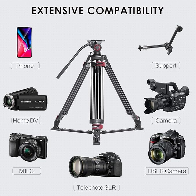 miliboo MTT609A Professional Photography Tripod, Heavy Duty Tripod with Adjustable Damping Head, Video Tripods for Professionals/Practitioners, Working Height 33.5''-66'',Max Load 33 LBS, Aluminum