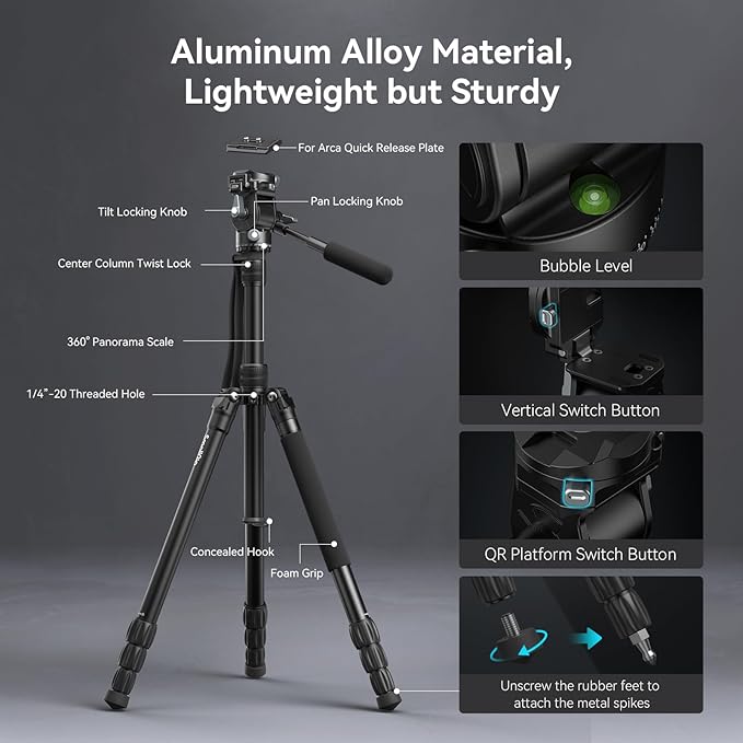 SmallRig CT195 Video Tripod Kit, 73" Camera Tripod with Pan Tilt Fluid Head for Vertical/Horizontal Shooting, Max Load 15kg / 33Ibs for Camcorder, Mirrorless, DSLR - 4307