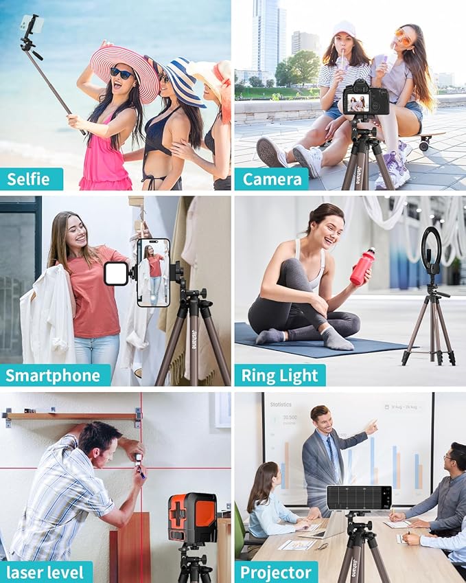 71" Camera Tripod, Lightweight Aluminum Phone Tripod with Wireless Remote, Phone Holder & Carry Bag, Portable Travel Camera Stand for Smartphones Canon Nikon DSLR Cameras, Max Load 6.6 lb (Brown)