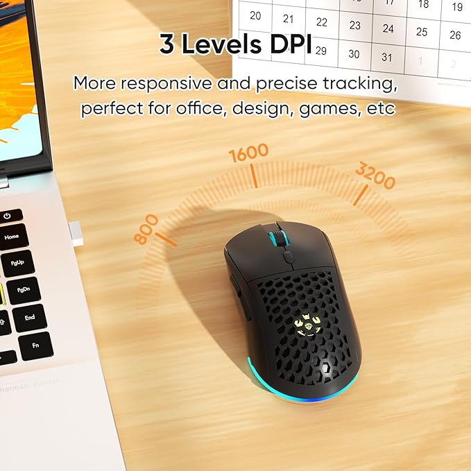 Honeycomb M32 Wireless Gaming Mouse - 2.4GHz RGB Rechargeable Ergo Mouse with Silent Clicks & 3200 DPI for PC/Mac (Black)