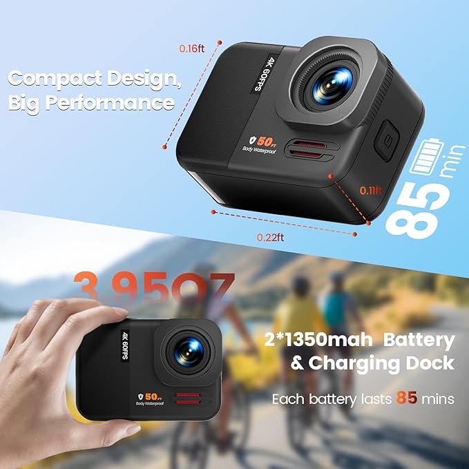 4K 60FPS 48MP WiFi Action Camera with Touch Screen, 50FT Underwater Waterproof Camera, No Case Needed, EIS Motorcycle Camera, 8X Zoom, 64GB Card, Remote Control, Batteries & Mounting Kits