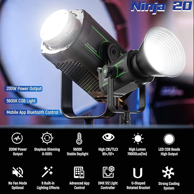 Weeylite 200W 5600K LED Video Light, Continuous Output Photography Lighting with CRI 95+TLCI 97+,79000 Lux@1M Bowens Mount & App Control for Video Recording Portrait Wedding Outdoor Shooting YouTube