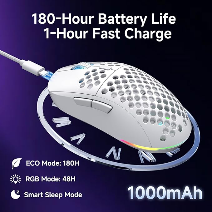 DIERYA M1 Wireless Gaming Mouse, 24000DPI, 180Hrs Battery, 16.8M RGB, 6 Programmable Buttons, Lightweight, Tri-Mode (2.4G/BT5.2/USB-C) for PC/Mac/Laptop - White