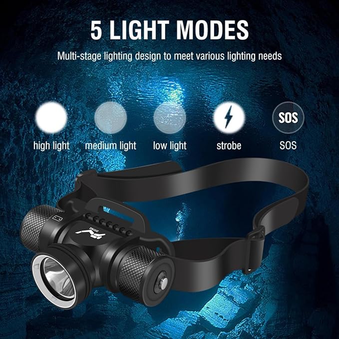 WINDFIRE Scuba Diving Light, Long Range Diving Flashlight Headlamp, 5 Modes Dive Flashlight, Ultra Bright IPX8 Waterproof Underwater 80 Meters Safety Snorkeling Head Light with Power Indicator