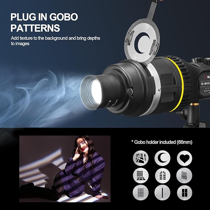 WELLMAKING Optical Snoot Conical Spotlight Attachment Kit, Adjustable Focus,with 80W Bi-Color COB LED Continuou Output Lighting, 9×Gobos, GOBO Holder and Geometry Effect Modifier for Studio and Video