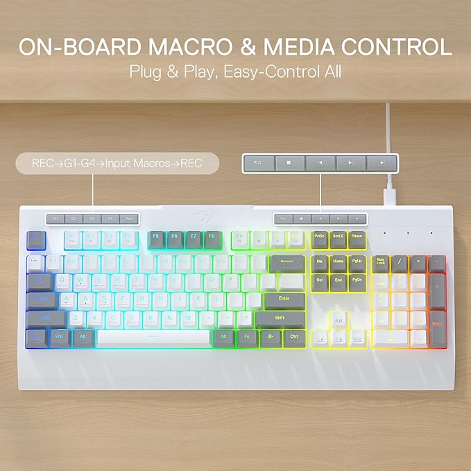 Redragon K525 RGB Backlit 104 Keys Wired Membrane Gaming Keyboard w/ 5 Multimedia Keys & 4 Extra On-Board Macro Keys, Dedicated Media Control, Ergonomic Wrist Rest, Linear Mechanical-Feel Switch