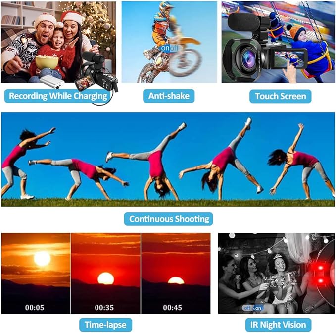 Camcorder Video Camera 4K HD 48MP 18X Digital Camcorder 3.0'' Touch Screen Vlogging Camera for YouTube IR Night Vision with Stabilizer, Remote Control, Microphone, 32GB Card