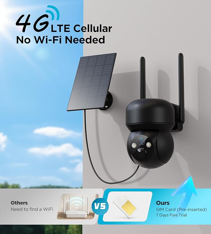 4G LTE Cellular Solar Security Camera Outdoor: No WiFi Solar Powered Security Camera Outdoor Built in SIM Card 2K Battery Wireless Cameras for Home Surveillance Outside 360° Live View Motion Detection