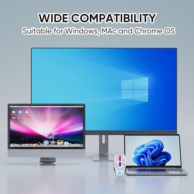 Bluetooth Mouse Wireless Gaming Mouse, 2.4G Cordless RGB Rechargeable PC Game Mouse Computer Mice for Laptop Desktop -White