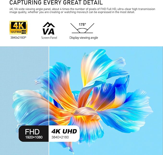 32 Inch 4K UHD Computer Monitor, Ultra-Clear (3840×2160p) Screen, 100% sRGB,178° Viewing Angle, Display Port、HDMI, Compatible with Wall mounting 100 * 100MM - Black