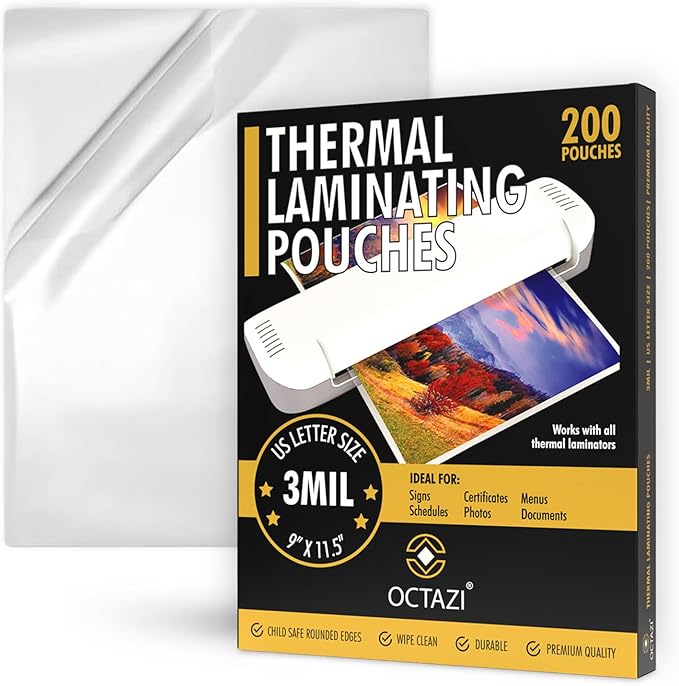 Thermal Laminating Pouches 3MIL – 200 Pack, 9 x 11.5 Inches – Glossy, Photo-Safe, Waterproof, Compatible with All Thermal Laminators – Letter Size Sheets for Documents, Photos, Menus & More.