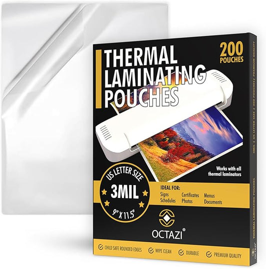 Thermal Laminating Pouches 3MIL – 200 Pack, 9 x 11.5 Inches – Glossy, Photo-Safe, Waterproof, Compatible with All Thermal Laminators – Letter Size Sheets for Documents, Photos, Menus & More.
