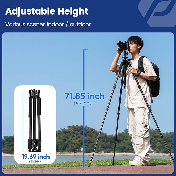 Fotopro 72 Inch Carbon Fiber Horizontal Tripod Camera Tripod with 360 Degree Ball Head Quick Release Plate 2-in-1 Tripods Monopod Max Load 22lbs