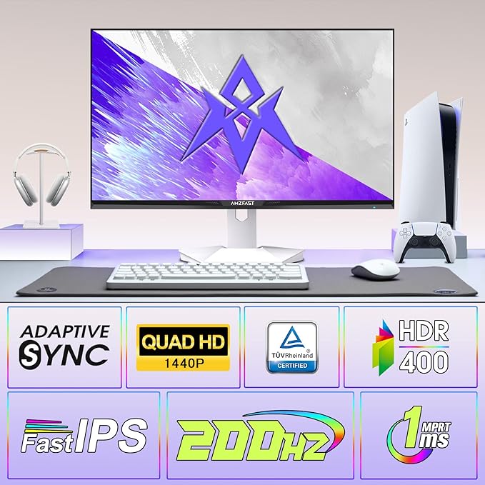 Amzfast 27 inch 1440P 200Hz/180Hz White Gaming Monitor, WQHD (2560 ×1440),MPRT 1ms Fast IPS | HDR400 & TÜV Rheinland Eye Care & Multiple Game Assistant & Two Year Warranty Exchange(HDMI & DP Cable)